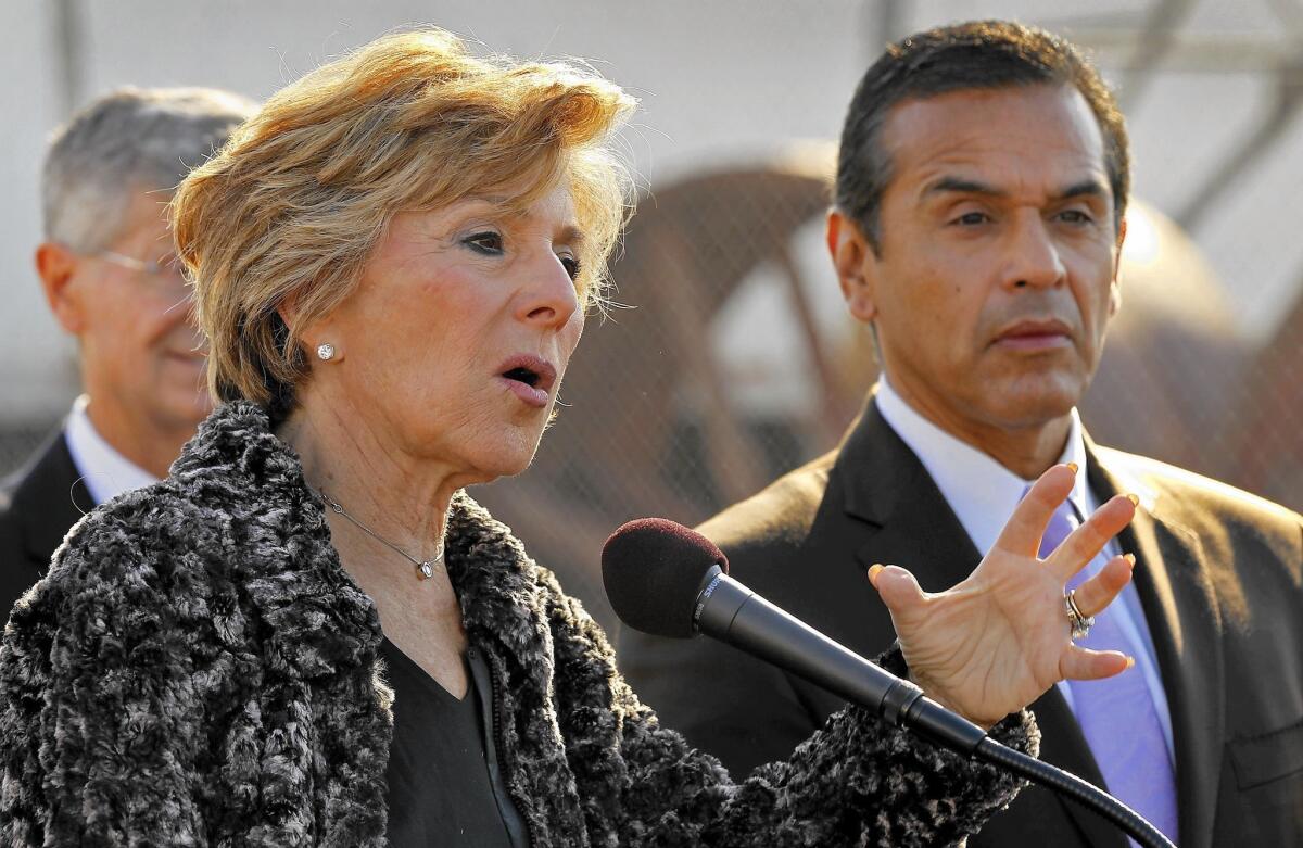 U.S. Sen. Barbara Boxer (D-Calif.) with then-L.A. Mayor Antonio Villaraigosa at a news conference in 2011. His announcement that he is seriously weighing a bid for her Senate seat adds a dynamic new element to what is likely to be a crowded and expensive race.