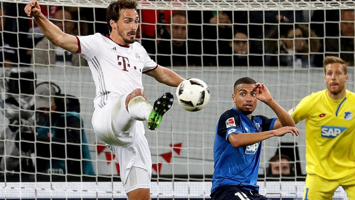 Bayern Munich's Mats Hummels collects a pass into the box during a Bundesliga game against Hoffenheim on April 4.
