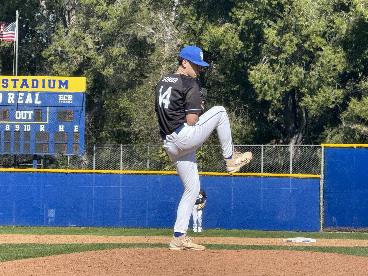Junior Devin Gonor of El Camino Real High pitches.