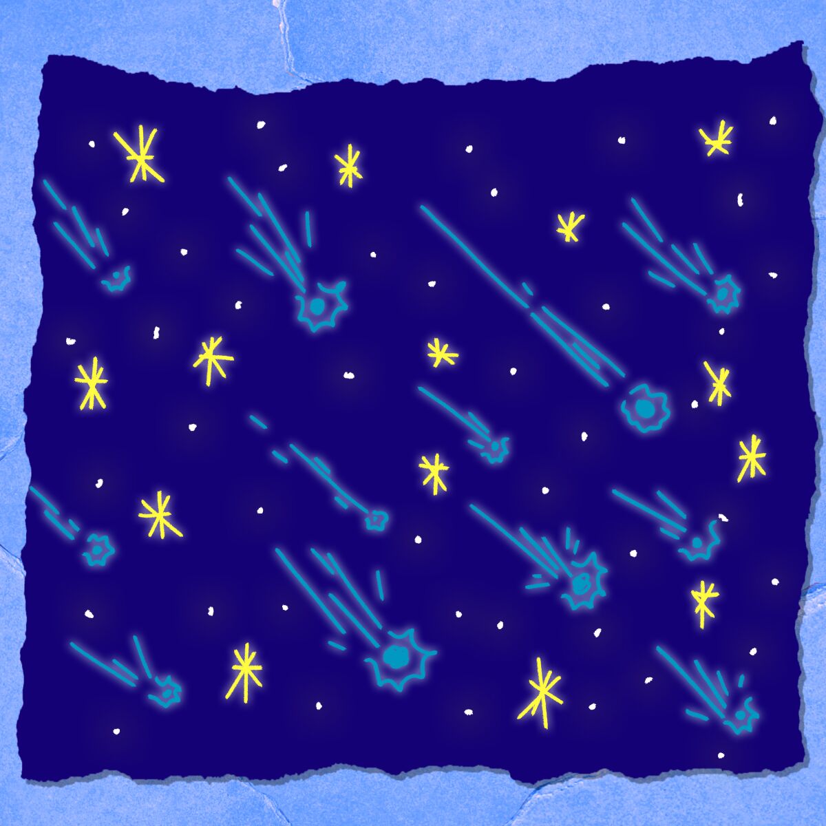 Illustration of a comet shower on a navy blue background.