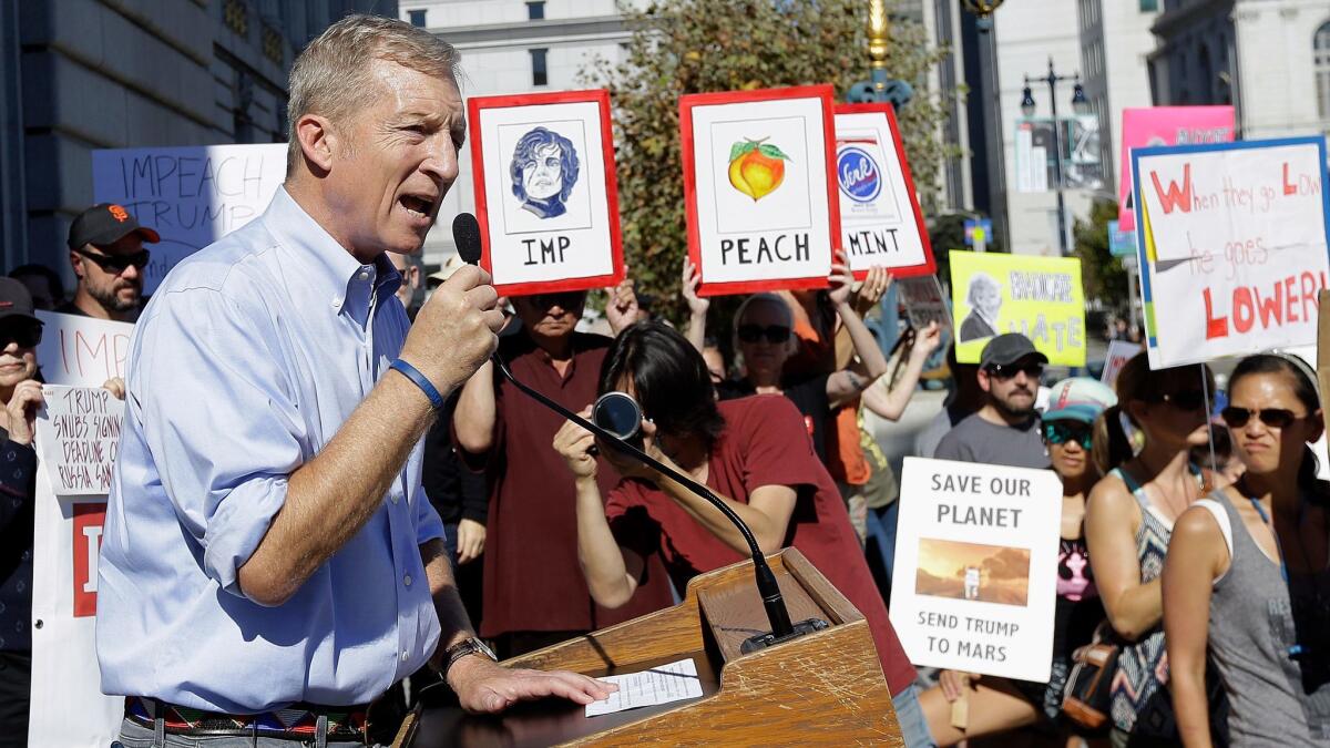 Tom Steyer speaks at a rally calling for the impeachment of President Trump in San Francisco on Oct. 24, 2017.