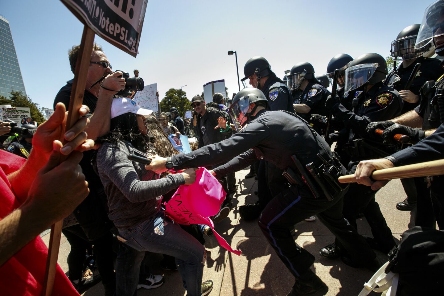 Donald Trump protesters clash with police outside the California Republican Convention in Burlingame on April 29, 2016.