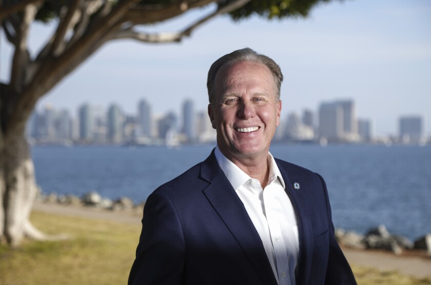 Mayor Kevin Faulconer poses for photos on Harbor Island 
