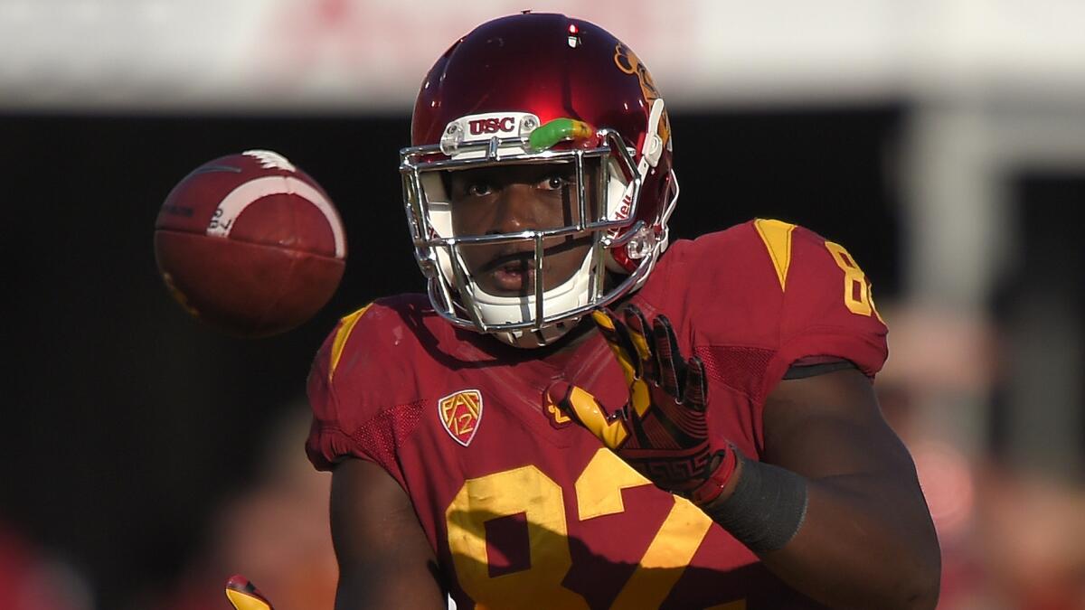 USC tight end Randall Telfer makes a catch during the first half of the Trojans' win over Colorado on Oct. 18.