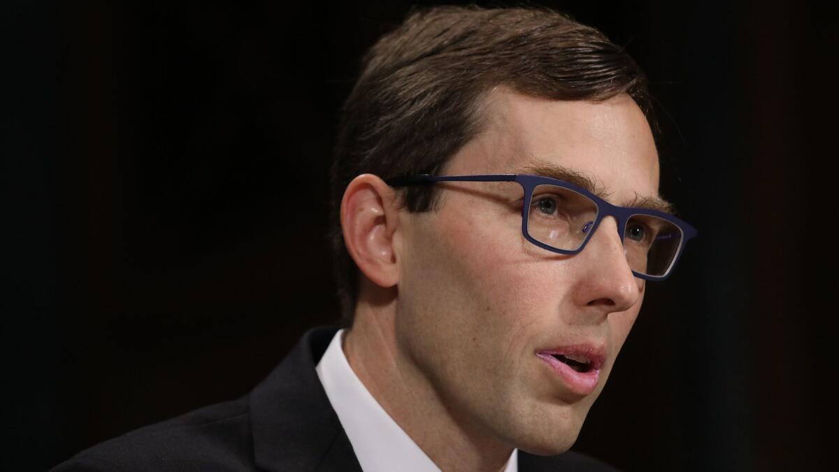 Eric D. Miller speaks at his confirmation hearing before the Senate Judiciary Committee, held with just two members present, on Oct. 24, 2018, in Washington, D.C.