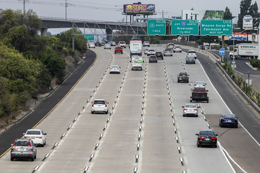 SAN DIEGO, CA - AUGUST 26: Commuters travel during morning commute hours along westbound Interstate 8 west of Waring Road on Wednesday, Aug. 26, 2020 in San Diego, CA. (Eduardo Contreras / The San Diego Union-Tribune)