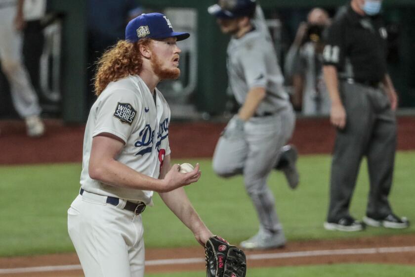 Arlington, Texas, Wednesday, October 21, 2020 Los Angeles Dodgers starting pitcher Dustin May.