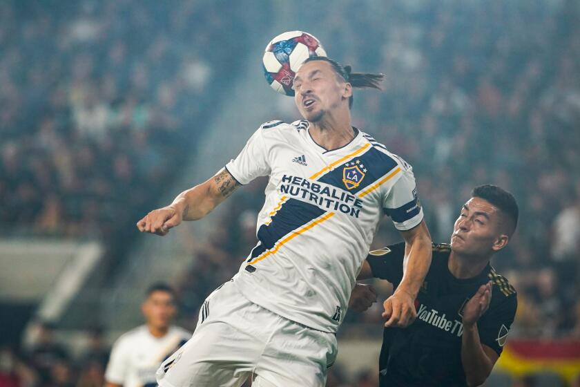 LOS ANGELES, CALIF. - OCTOBER 24: Los Angeles Galaxy forward Zlatan Ibrahimovic (9) heads the ball during a match between the Los Angeles FC and the Los Angeles Galaxy at Banc of California Stadium, on Thursday, Oct. 24, 2019 in Los Angeles, Calif. (Kent Nishimura / Los Angeles Times)