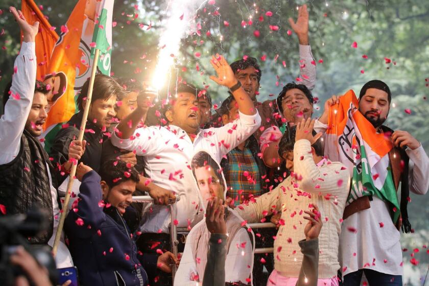 Mandatory Credit: Photo by RAJAT GUPTA/EPA-EFE/REX (10030260l) Congress party workers celebrate the party's lead in votes counting and potential victory in recently held Assembly elections, at party headquarter in New Delhi, India, 11 December 2018. According to the result trends, Congress is leading in the states of Rajasthan and Chattisgarh and Bharatiya Janata Party (BJP) is neck-to-neck with the Congress party in Madhya Pradesh state. Millions of Indians casted their votes across five states for the recetly held Assembly elections. Assembly election results in New Delhi, India - 11 Dec 2018 ** Usable by LA, CT and MoD ONLY **