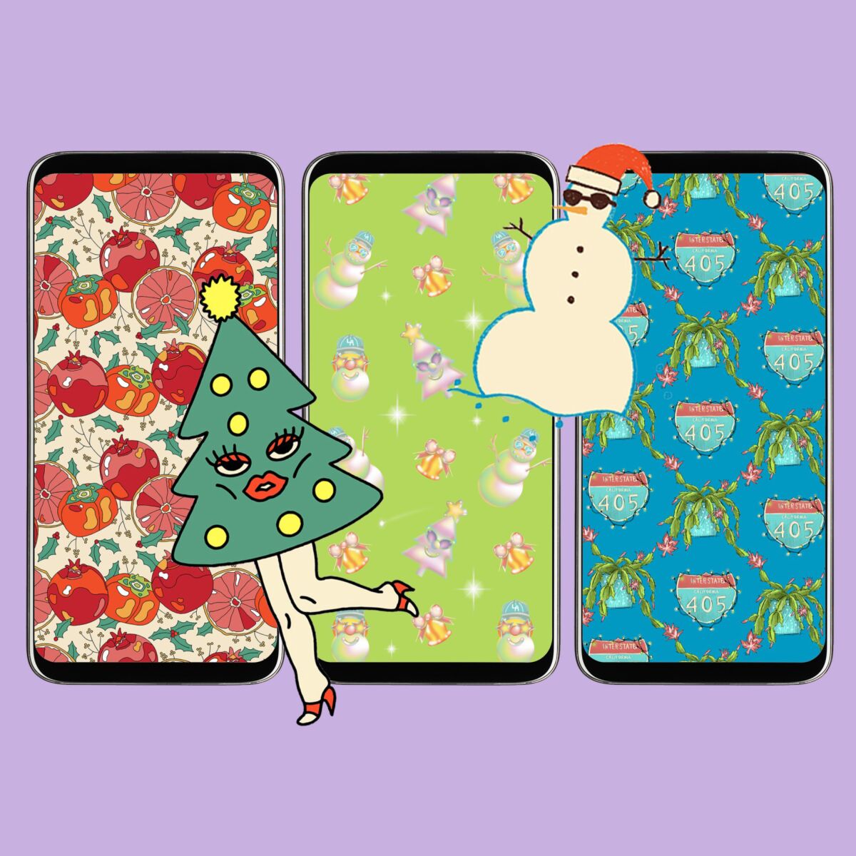 An illustration shows cellphones with decorative backgrounds, and a Christmas tree with face and legs.
