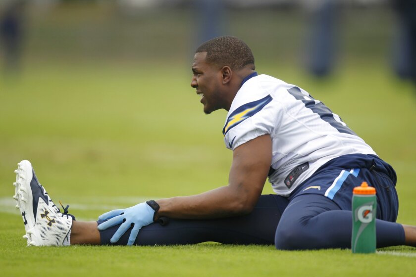 San Diego Chargers tight end Antonio Gates stretches during mini camp.