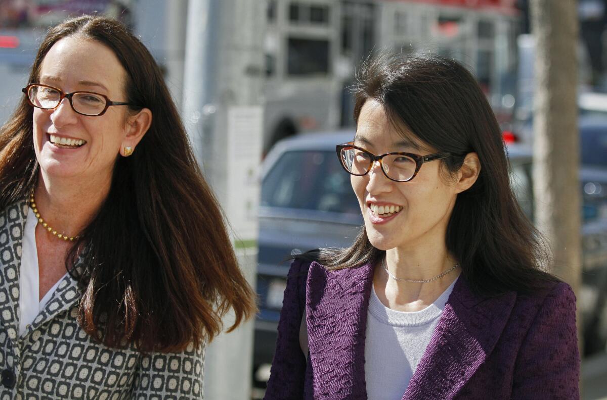 Ellen Pao, right, leaves the Civic Center Courthouse in San Francisco with her attorney, Therese Lawless, in February.