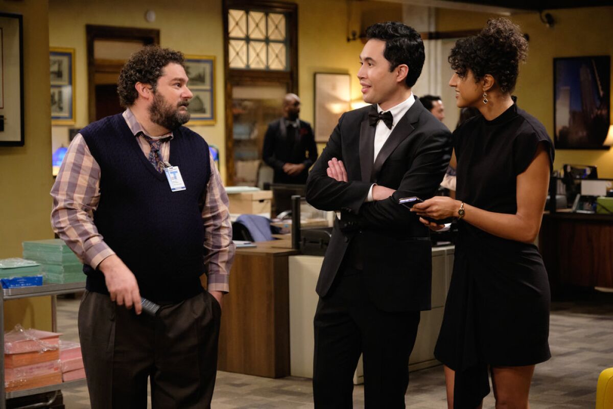Bobby Moynihan, left,  Mike Cabellon and Vella Lovell in NBC's "Mr. Mayor."