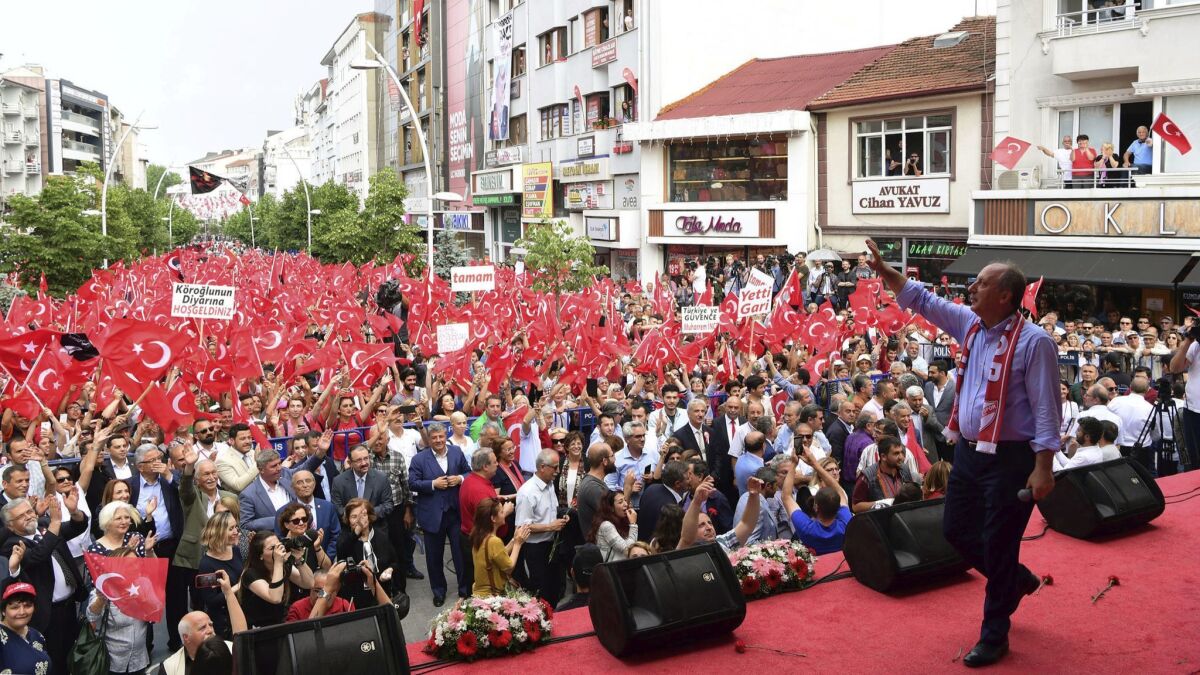 Muharrem Ince, presidential candidate of Turkey's main opposition Republican People's Party, addresses a rally in Bolu on May 22, 2018.