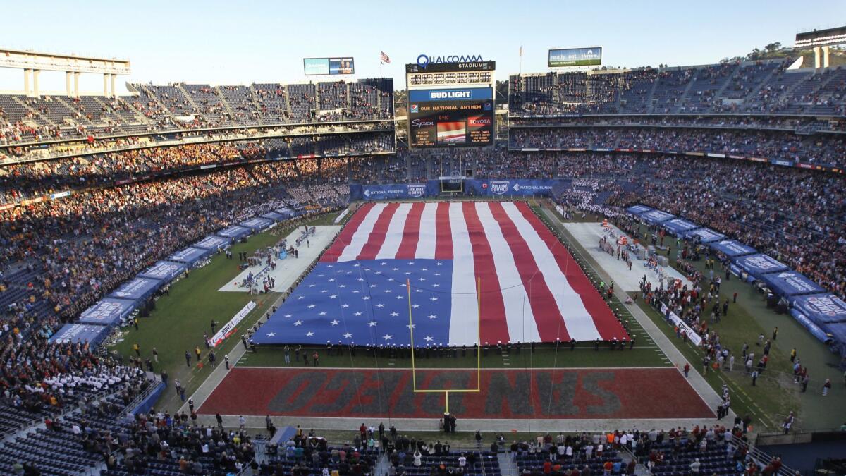 The Big Flag is unfurled during the national anthem each year before the San Diego County Credit Union Holiday Bowl.