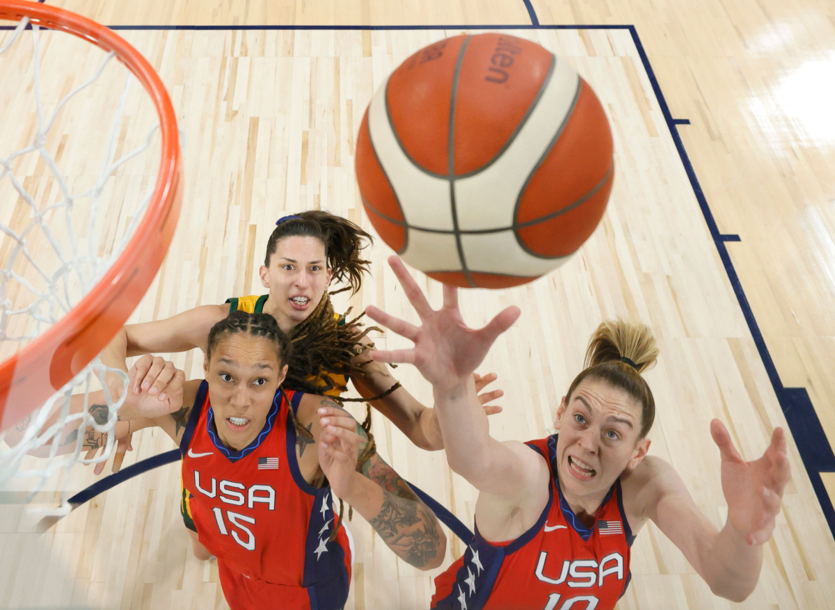 Breanna Stewart, right, of the U.S. grabs a rebound in front of Australia's Marianna Tolo and Brittney Griner of the U.S.