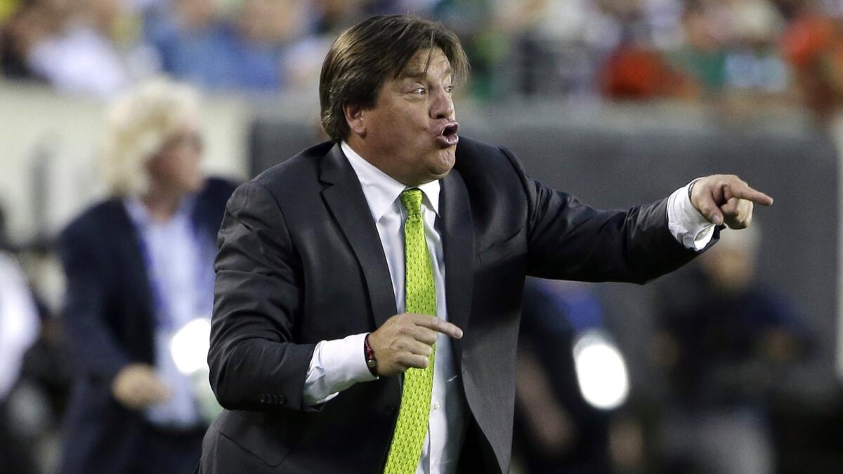 Mexico Coach Miguel Herrera gestures during the team's Gold Cup win over Jamaica in Philadelphia on July 26.