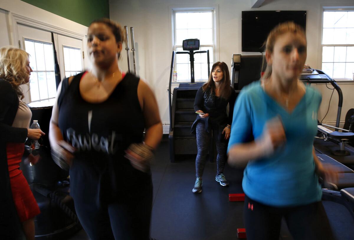 Clients of personal trainer Peggy Hayes, in back, work out in the training gym she built in her northern Virginia home. (Carolyn Cole / Los Angeles Times)