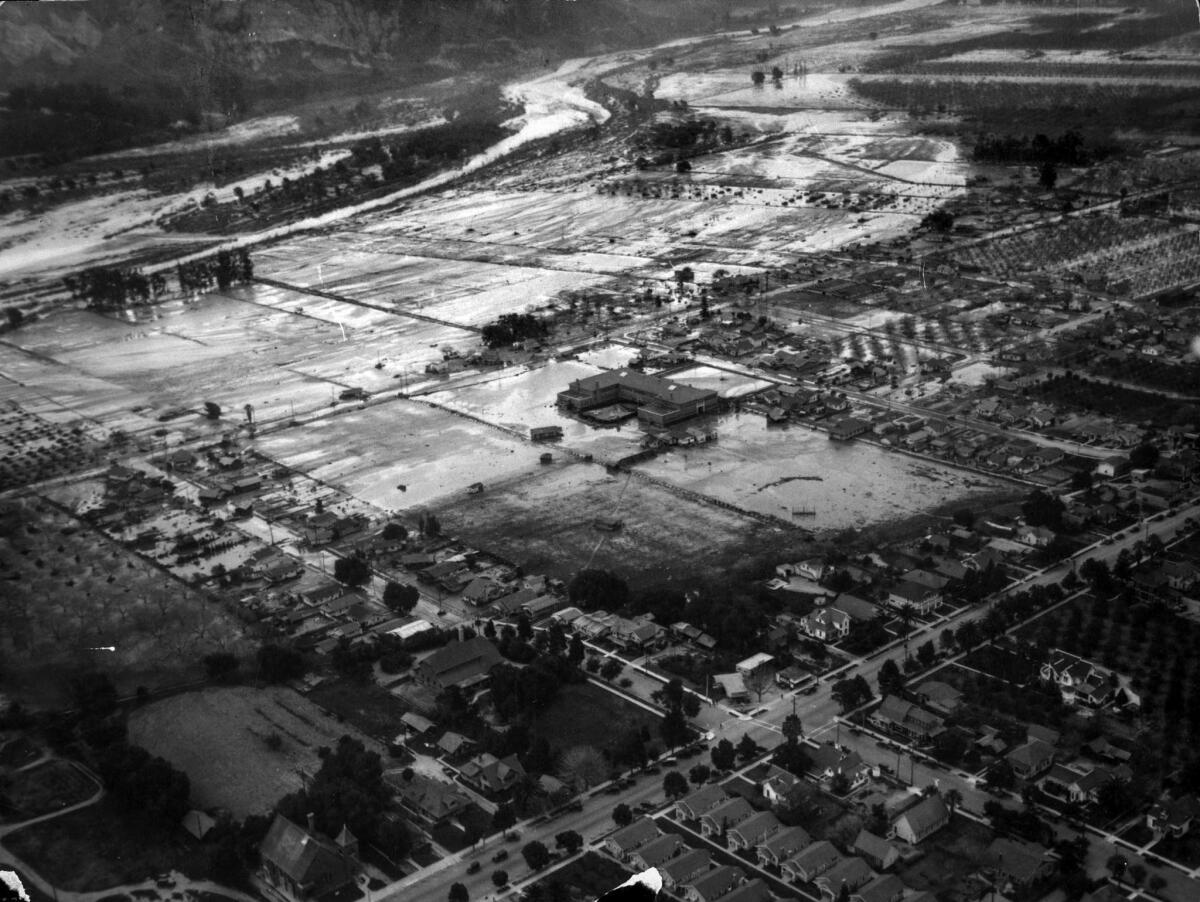 March 13, 1928: Aerial view of Santa Paula after it was inundated by the collapse of the St. Francis Dam.