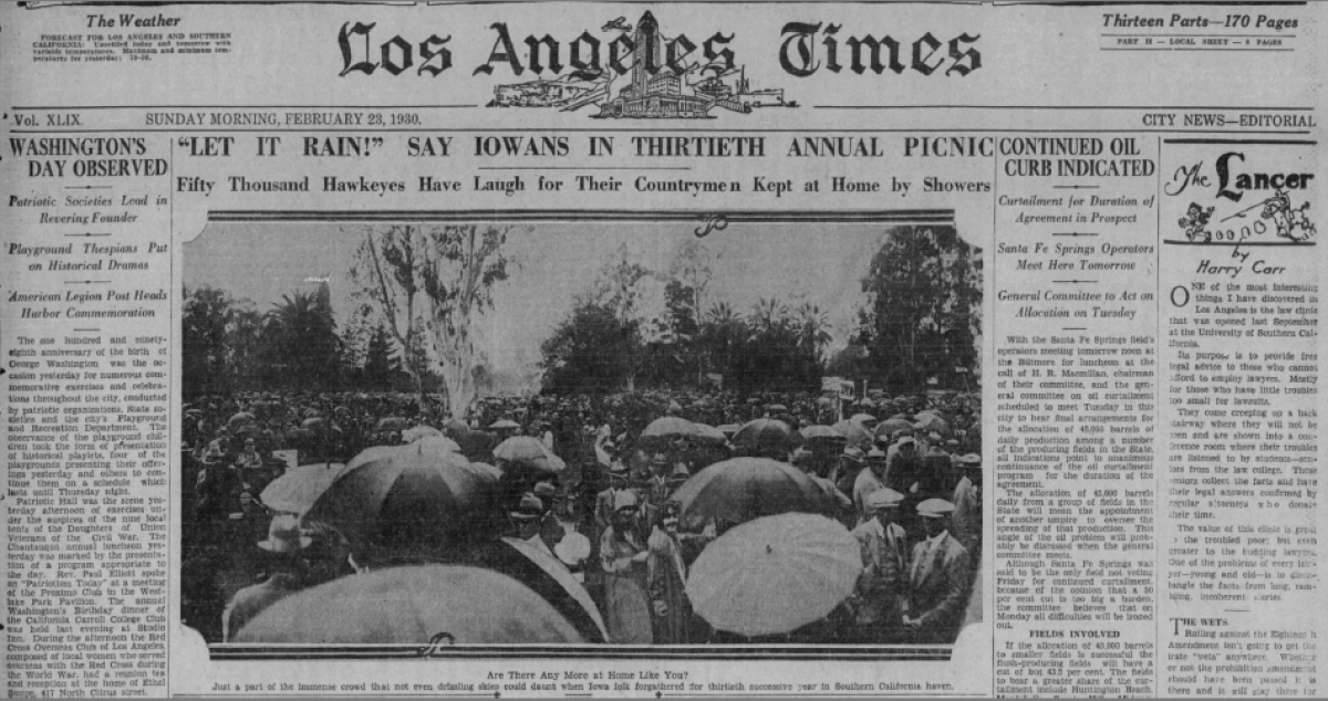 Iowa Picnic on the front page of Los Angeles Times City News section from Feb. 23, 1930.