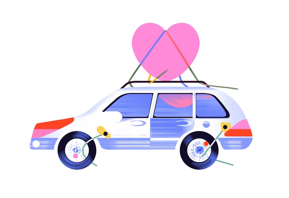 Illustration of a car with a huge heart strapped to the roof.