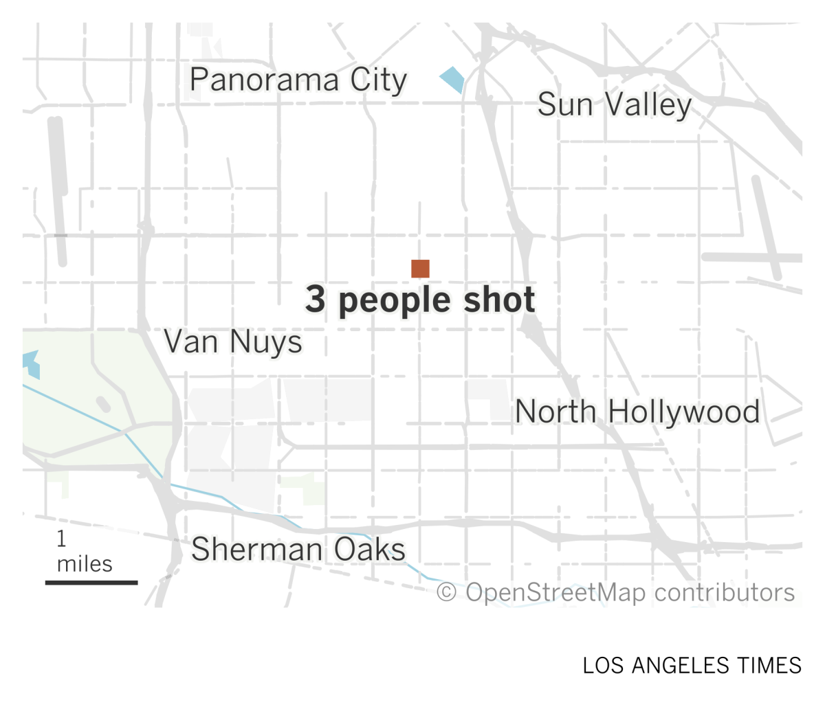 A map of the San Fernando Valley shows the location where three people were shot in Valley Glen