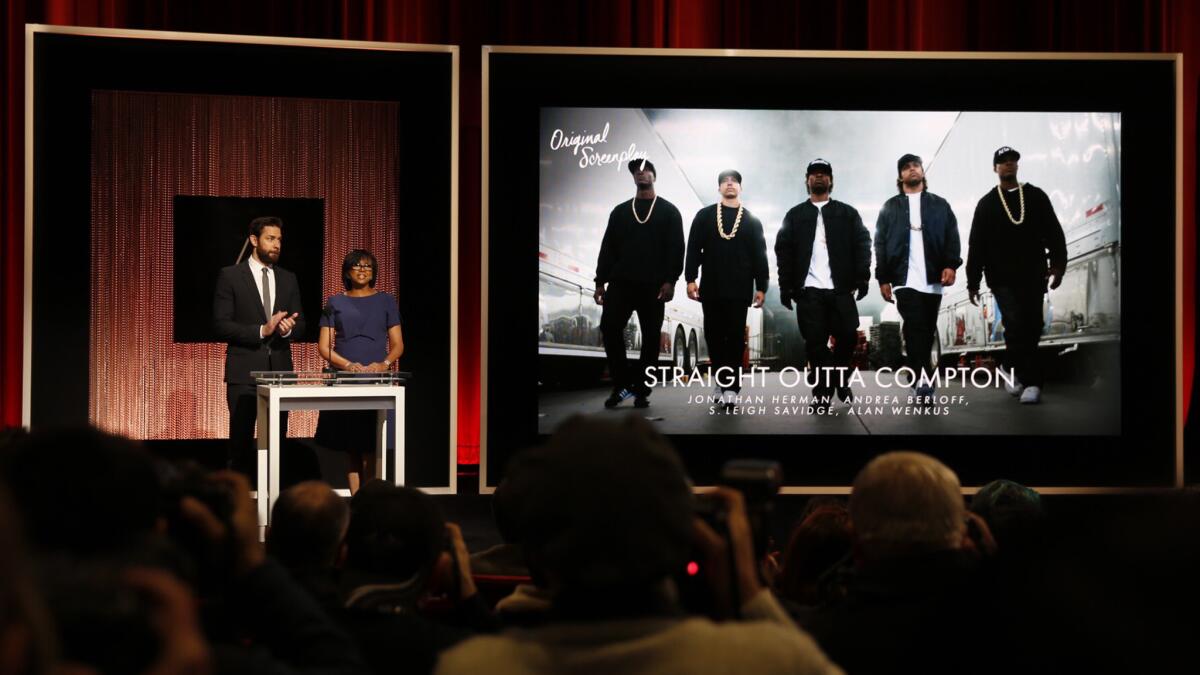 The biggest applause at the Oscars nominations came when actor John Krasinski and academy President Cheryl Boone Isaacs announced "Straight Outta Compton" as a nominee for original screenplay.