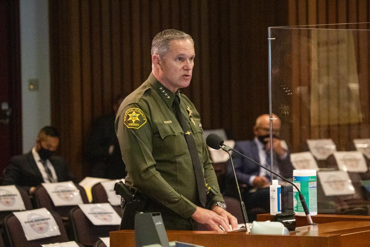 Orange County Sheriff Don Barnes speaks at the Orange County Board of Supervisors meeting on July 14 in Santa Ana.
