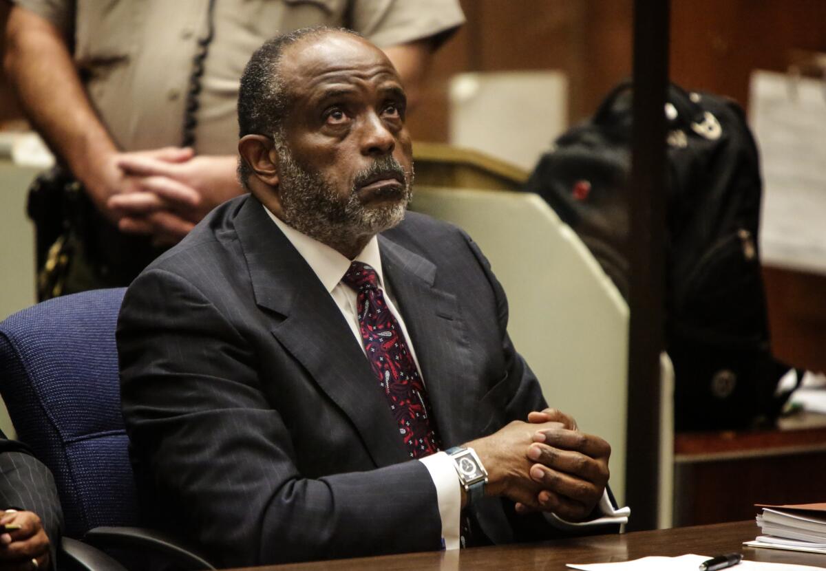 California Sen. Roderick Wright stares toward the ceiling in court Friday where he was sentenced to 90 days in jail and banned for life from future public office.