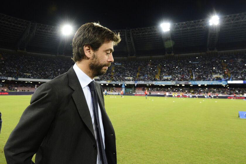 FILE - In this Sept. 26, 2015 file photo, Juventus President Andrea Agnelli arrives for a Serie A soccer match between Napoli and Juventus, at the San Paolo stadium in Naples, Italy. Juventus' board of directors and president Andrea Agnelli resigned en masse on Monday, Nov. 29, 2022. The stunning move follows a preliminary investigation by the Turin Public Prosecutor's Office into fraudulent accounting, of alleged hidden payments to players. (AP Photo/Salvatore Laporta, Files)