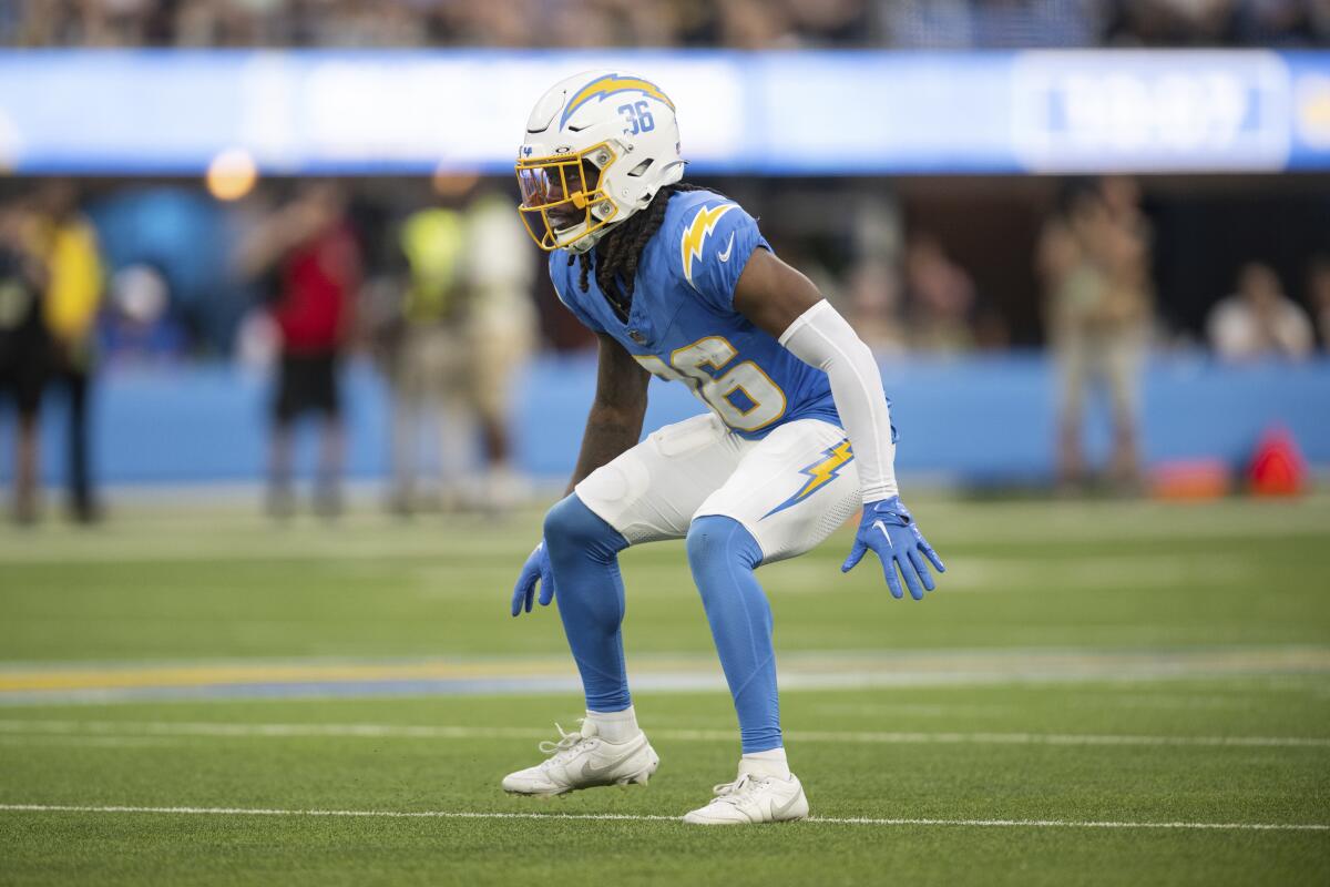  Chargers defensive back Ja'Sir Taylor (36) takes his stance before a play against the Lions. 