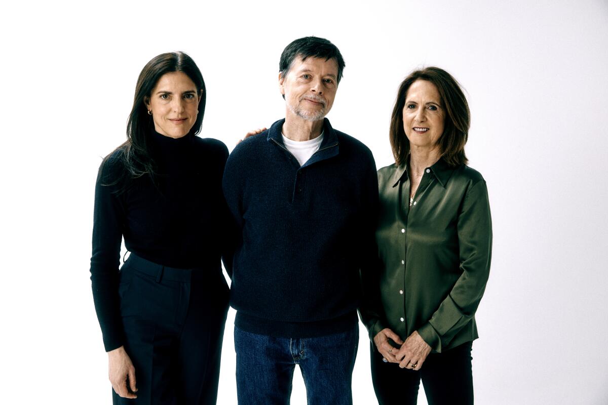 Documentarians Sarah Botstein, Ken Burns and Lynn Novick stand for a portrait.