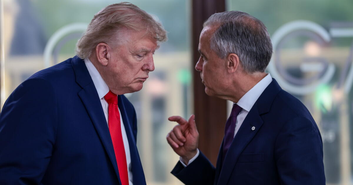 Photo: latimes.com FILE - President Donald Trump speaks with Canadian Prime Minister Mark Carney, right, at a working lunch with leaders of G7