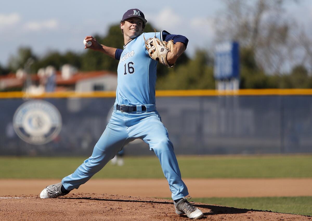 Marina High starter Chase Hennessey pitches in the first inning of a Wave League game at Corona del Mar on Wednesday.