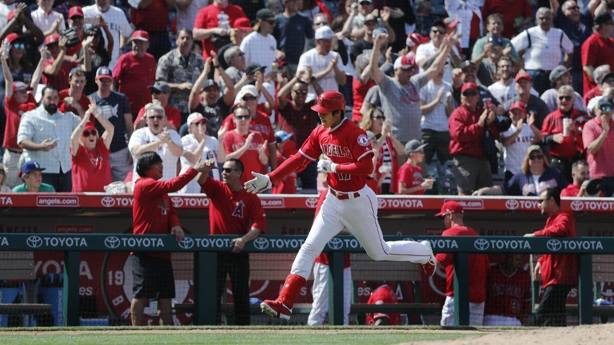 Fans go wild as Angels designated hitter Shohei Ohtani rounds the bases after hitting a two-run home run to tie the score against the Cleveland Indians in the fifth inning Wednesday at Angel Stadium.
