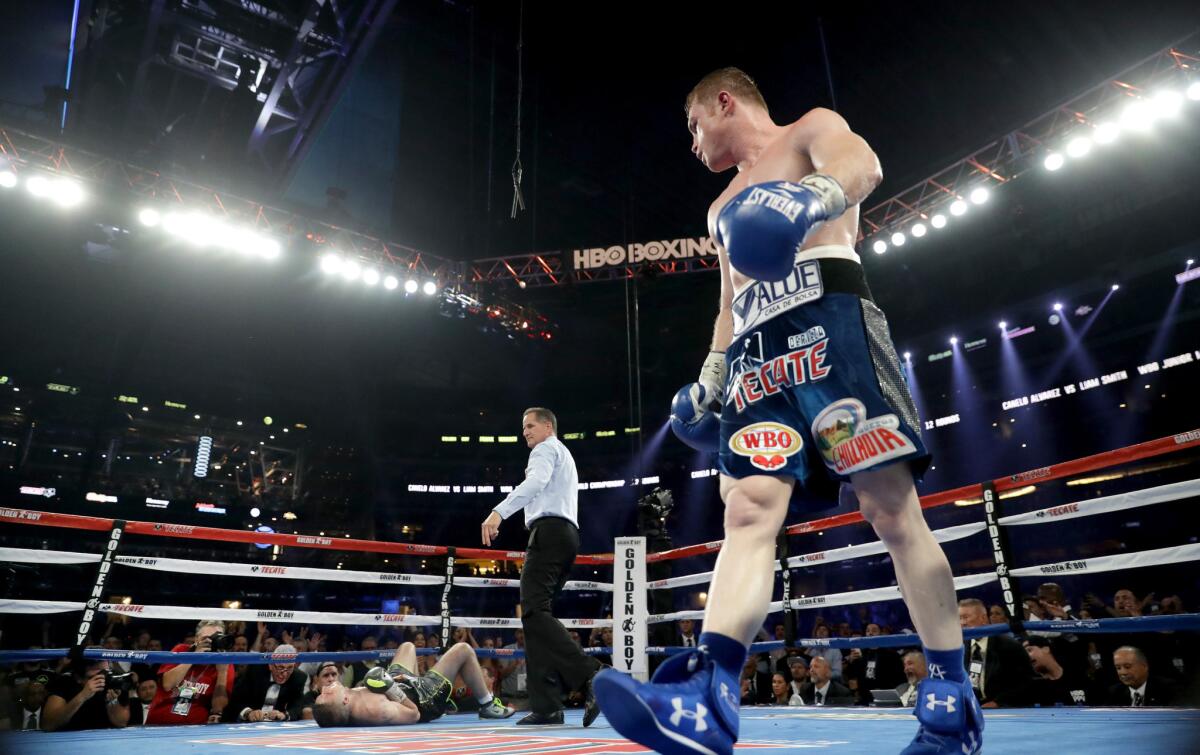 Canelo Alvarez looks toward Liam Smith after knocking the fighter to the ground during a bout Sept. 17.