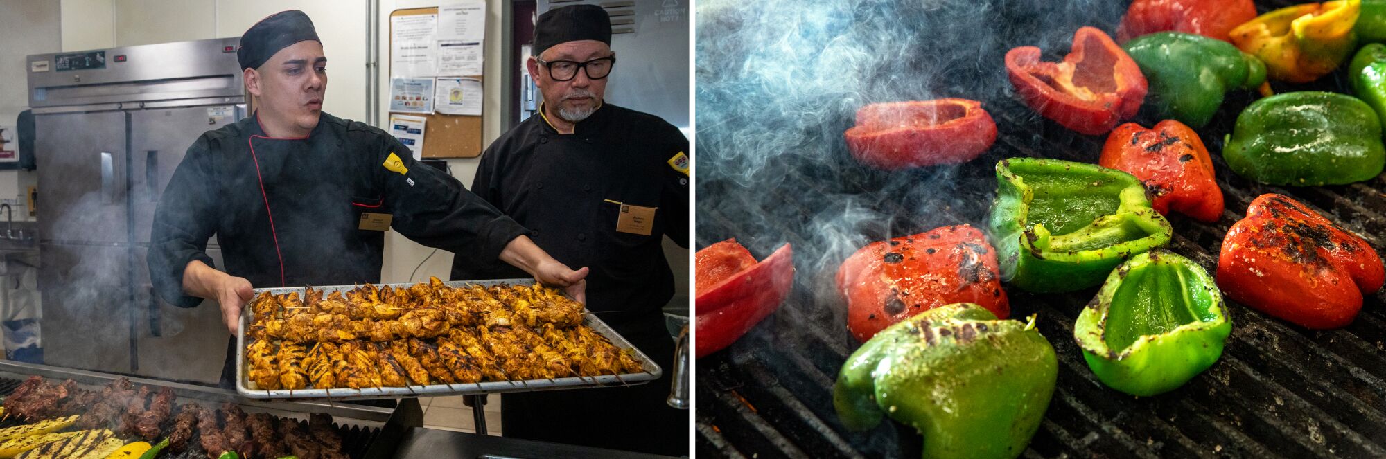 A diptych of, at left, two chefs handling a large tray of kababs and, on the right, bell peppers roasting on a grill.