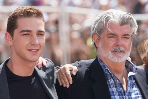 Shia LaBeouf and George Lucas at the Cannes premiere of "Indiana Jones and the Kingdom of the Crystal Skull."