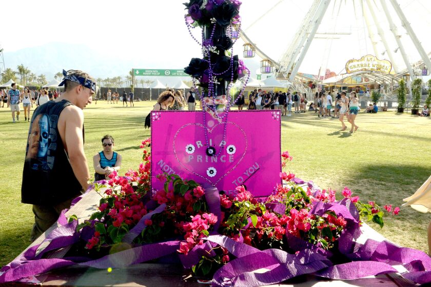 A memorial to Prince is seen during the first day of Weekend 2 at the 2016 Coachella Valley Music and Arts Festival in Indio.