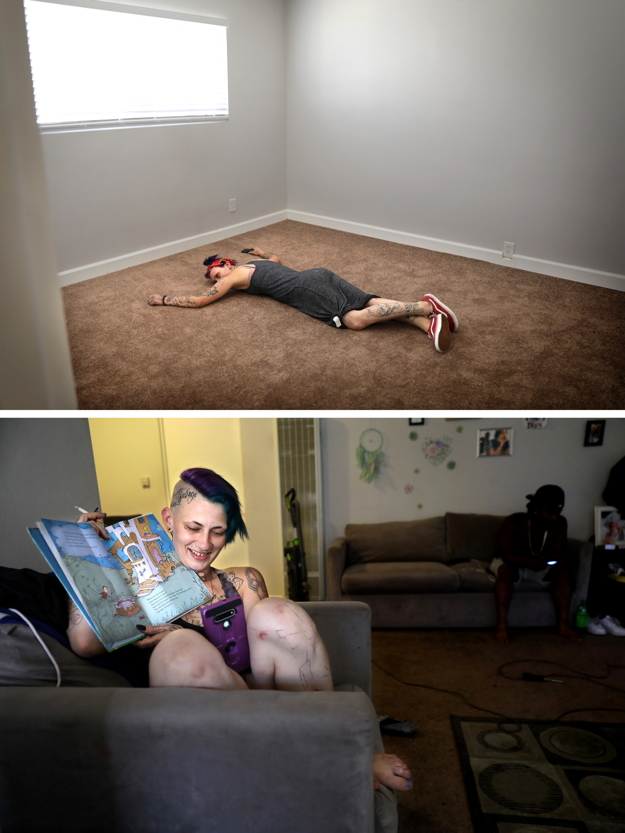 Two photos: A woman sprawled a carpeted room. A woman holding up a children's book to a phone