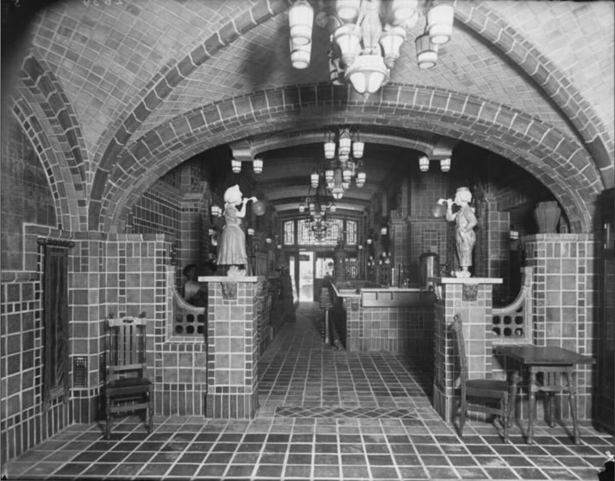 Black and white image of Dutch Chocolate Shop interior 