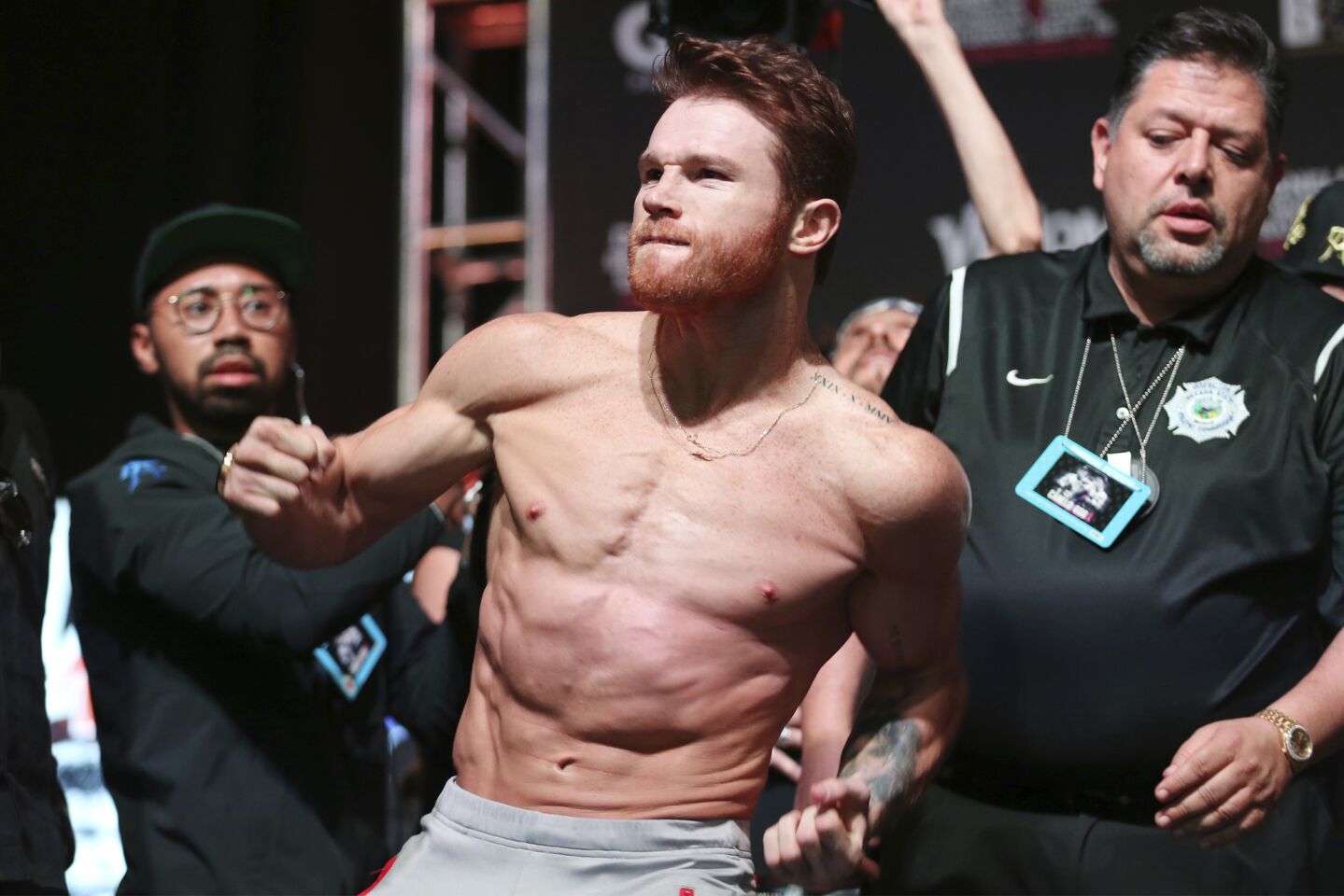 Canelo Alvarez poses during a weigh-in at T-Mobile Arena in Las Vegas, Friday, Sept. 14, 2018. Alvarez will fight Gennady Golovkin on Saturday in a middleweight title bout. (Erik Verduzco/Las Vegas Review-Journal via AP)