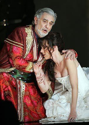 Sarah Coburn, right, as Asteria and Plácido Domingo as Bajazet in Handel's "Tamerlano" by L.A. Opera at the Dorothy Chandler Pavilion.