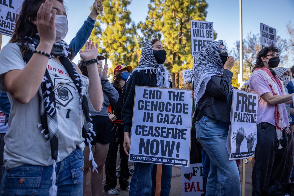 Pro-Palestinian students rally at USC on May 7.