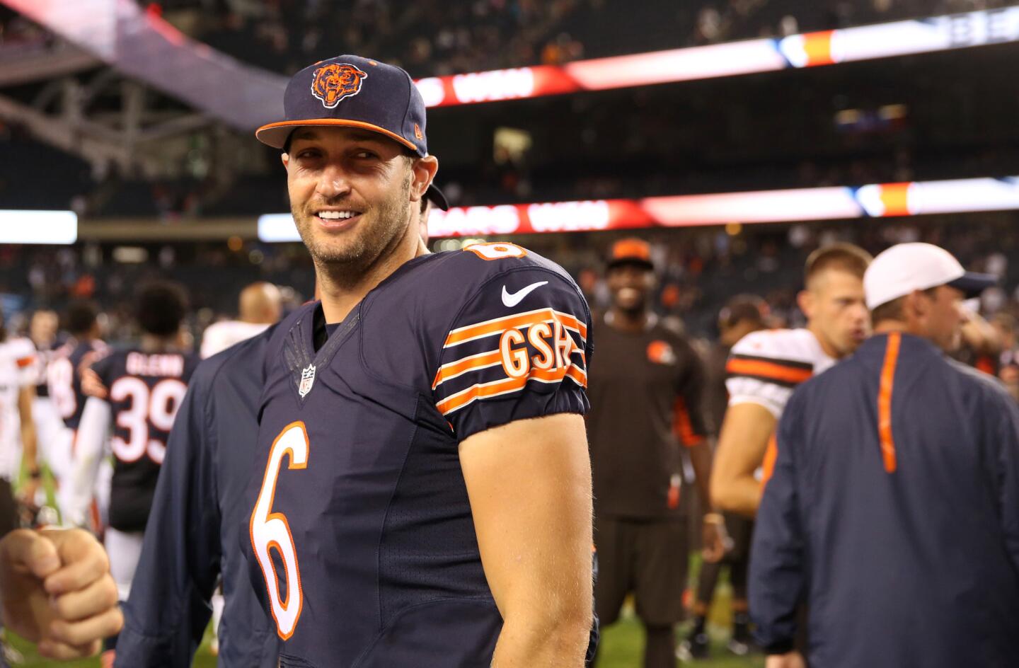 Bears quarterback Jay Cutler flashes a smile after a preseason game against the Browns at Soldier Field.