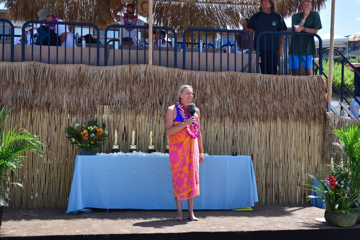 Patty Maysent, chief executive of UC San Diego Health, also a surf competitor, said a few words to those gathered.