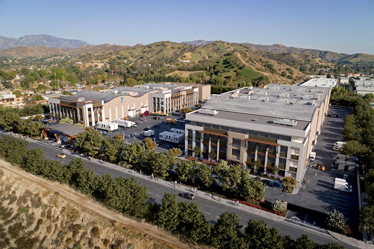 A rendering shows two buildings that will make up Sunset Glenoaks Studios.