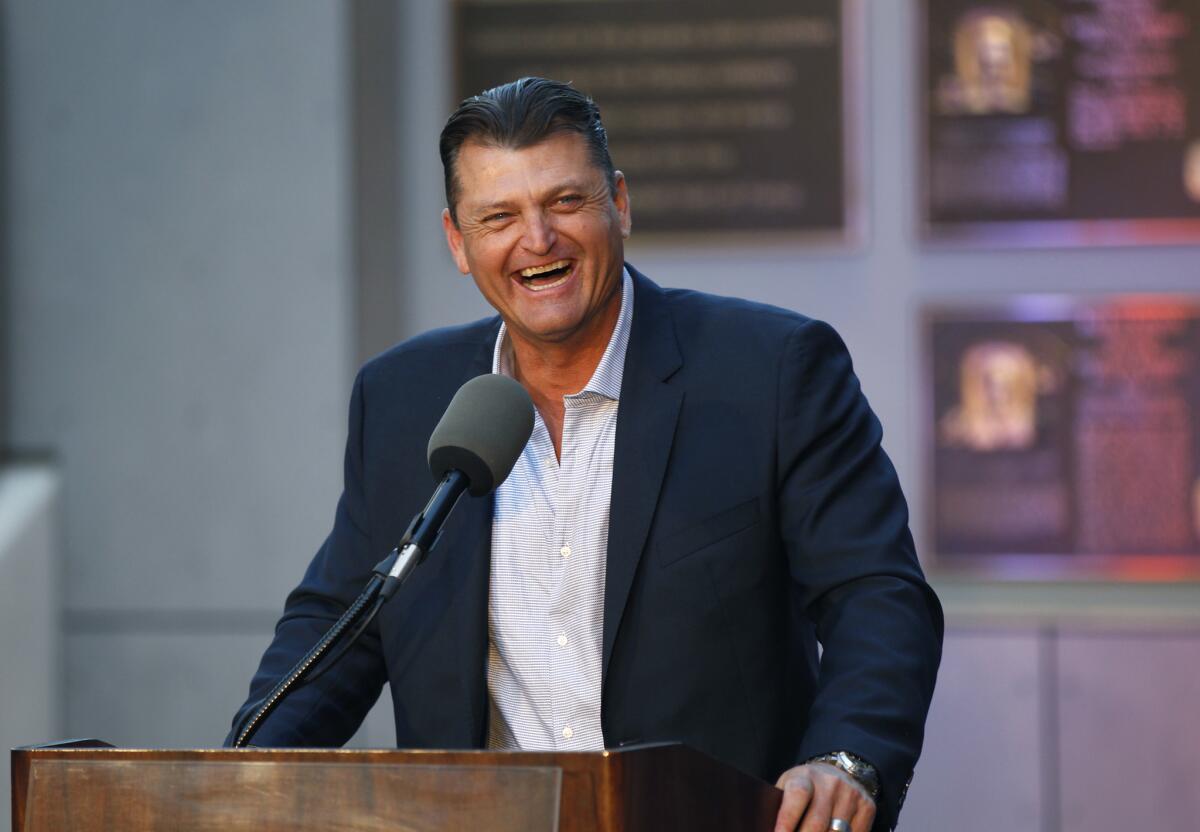 Trevor Hoffman speaks a news conference after he was elected to the National Baseball Hall of Fame at Petco Park on January 24, 2018. (Photo by K.C. Alfred/ San Diego Union-Tribune)