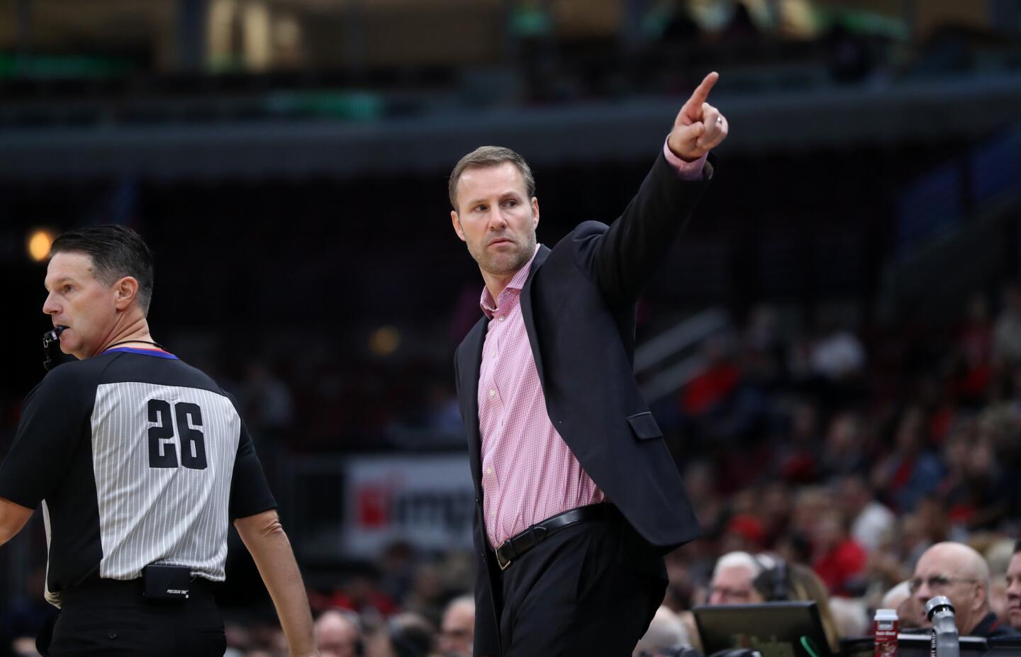 Bulls coach Fred Hoiberg points toward his bench in the first half of a preseason game against the Pacers at the United Center on Oct. 10, 2018.