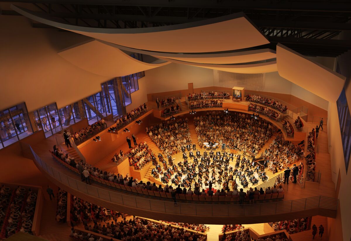 Rendering of the larger of two concert halls Frank Gehry has designed for the Colburn School in downtown L.A.